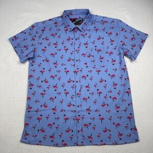 Retro Rifle Shirt Mens XL Blue Flamingo Print Short Sleeve Button Up Novelty
